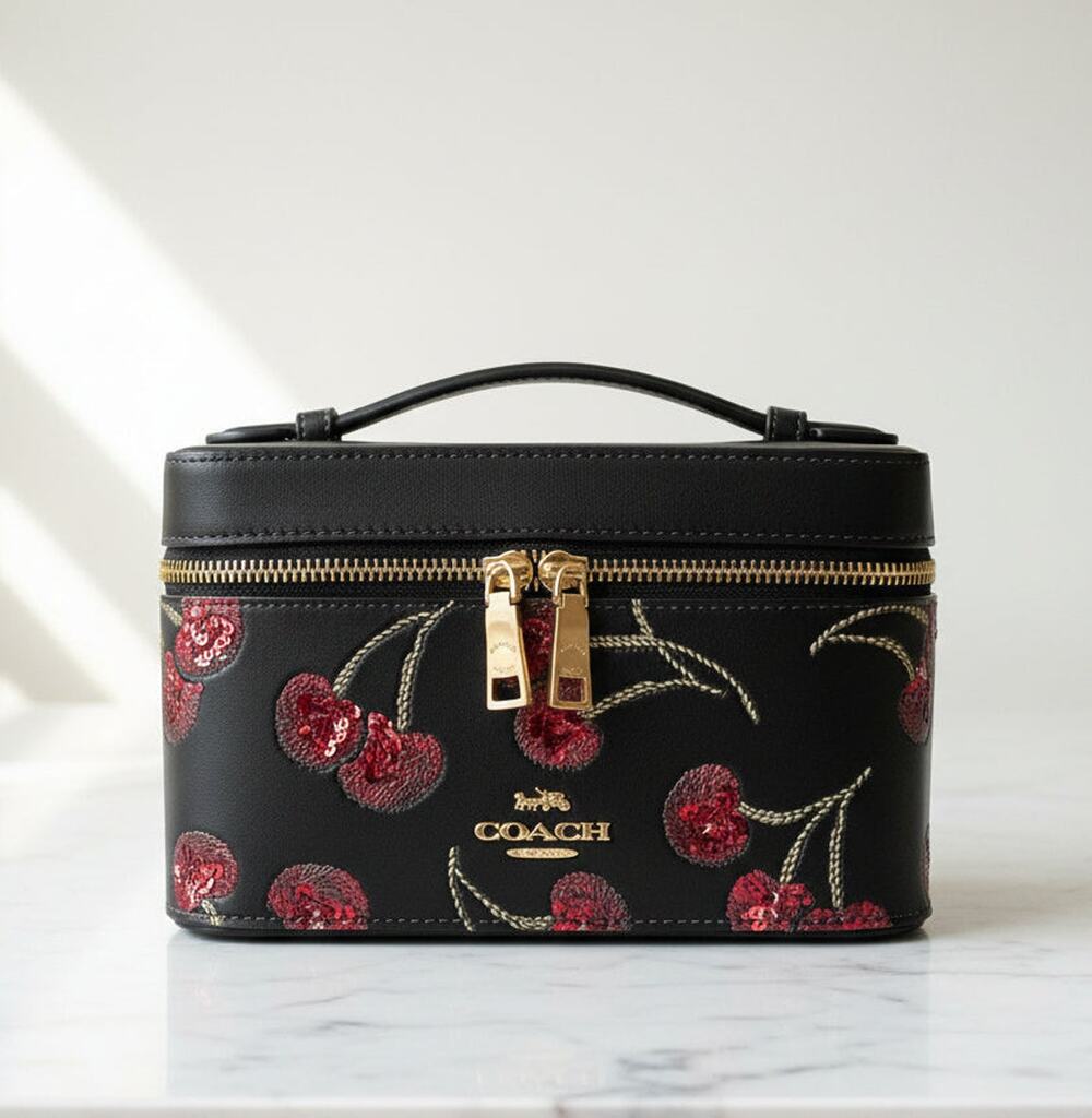 Coach CDC13 Black Cherry Print Cosmetic Makeup Travel Case